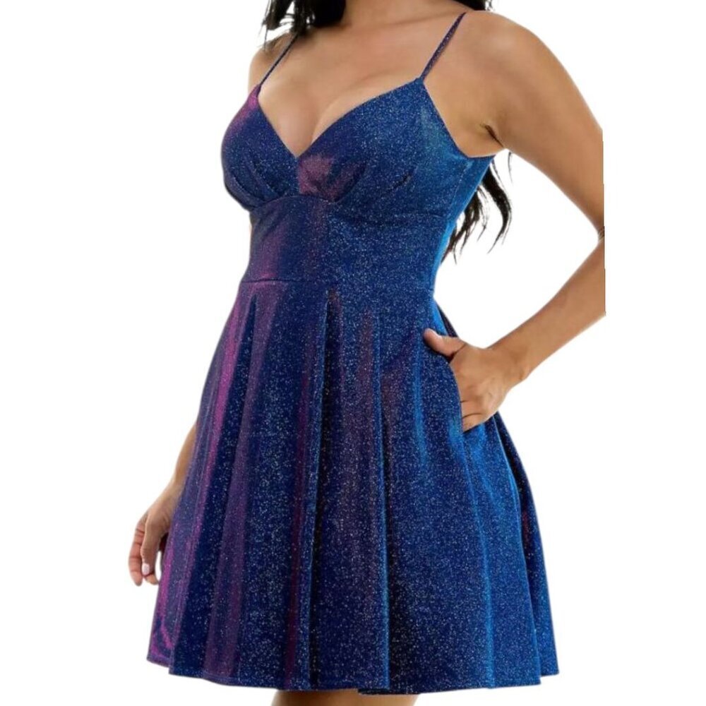 B.Darlin Glitter knit Skater Party Dress Spaghetti Straps Saphire/Fuschia 11/12